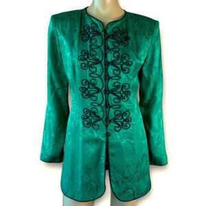 Maggy London Vintage 100% Silk Blazer Top Blouse Womens Size 6 Green Embroidered
